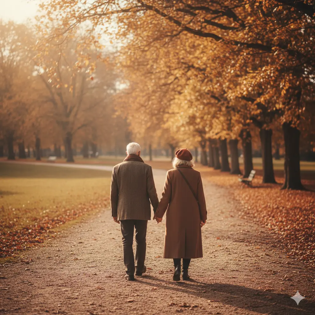 Un couple âgé marchant dans un parc en automne